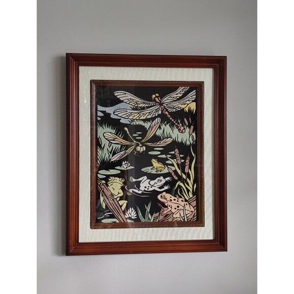 Vintage Dragonfly Frog Toad Pond Swamp Lake Foxtail Black Velvet Framed Painting - Picture 4 of 12
